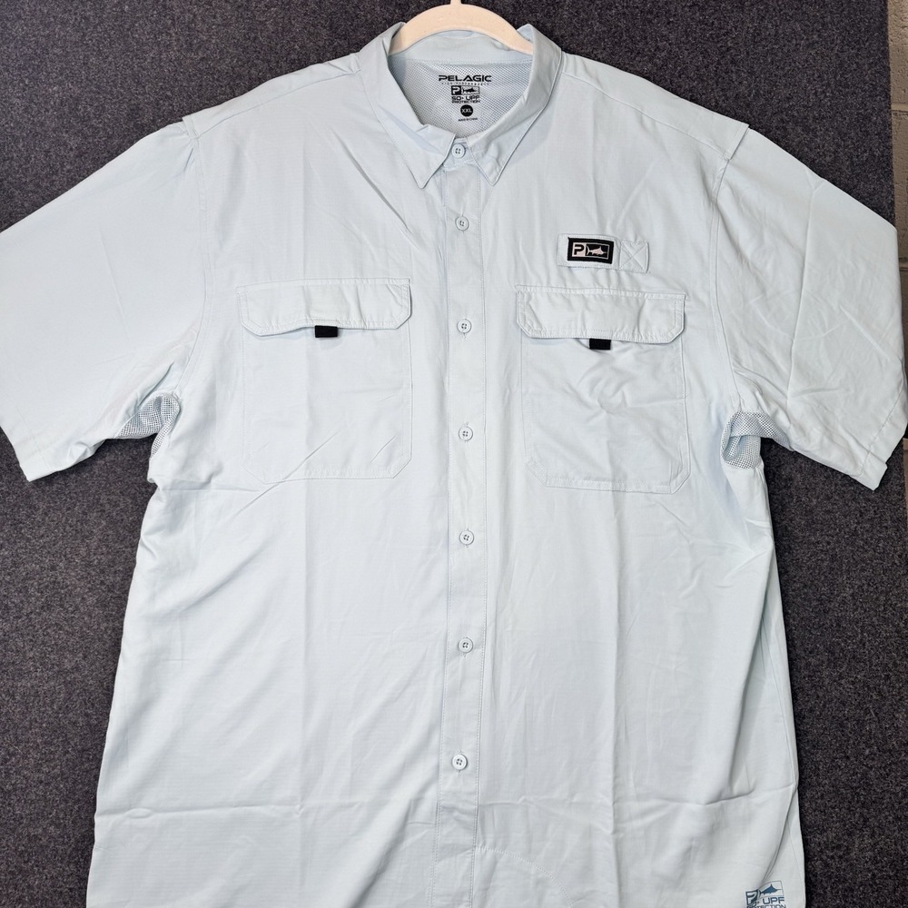 Pelagic Fishing Shirt Mens XXL Light Blue UPF 50+ Vented Short Sleeve Button Up